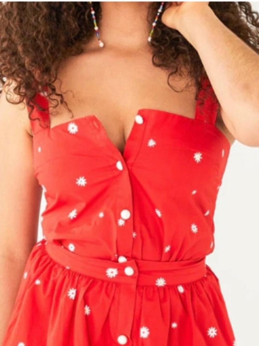 Bando Button-up Daisy Print Red Tank Top